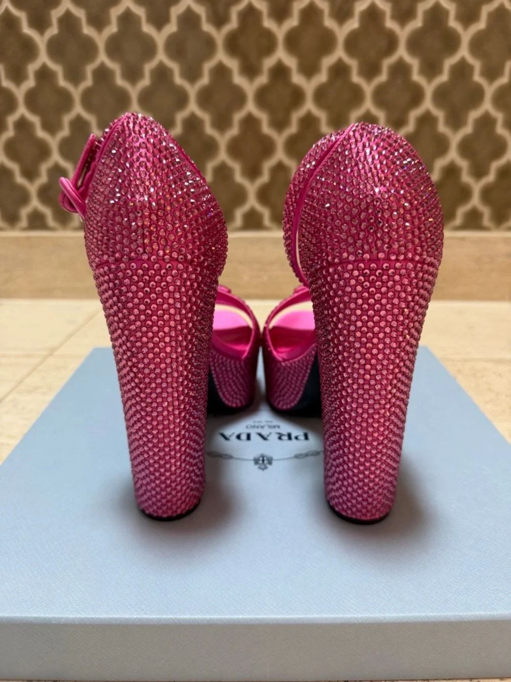 NWT!! PRADA Hot Pink Crystal-Embellished 135mm Platform Sandals